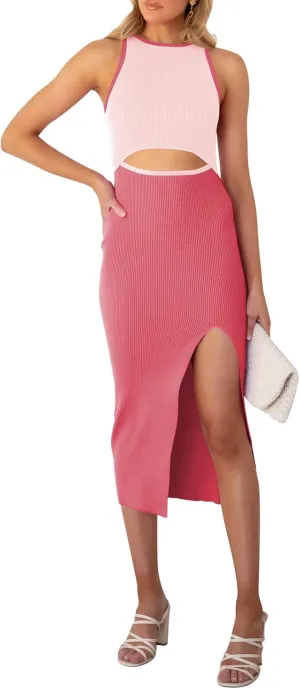 Pink Queen Women's Cutout Crew Neck Sleeveless Tank Slit Ribbed Bodycon Midi Dresses