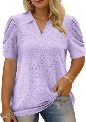 Plus Size Shirts for Women 3X Casual Eyelet Tops Trendy Collar Polo Cute Summer Puff Sleeve Tees Light Purple