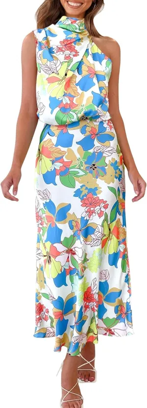 PRETTYGARDEN Women's 2025 Summer Satin Dress Elegant Sleeveless Mock Neck Cocktail Party Maxi Dresses