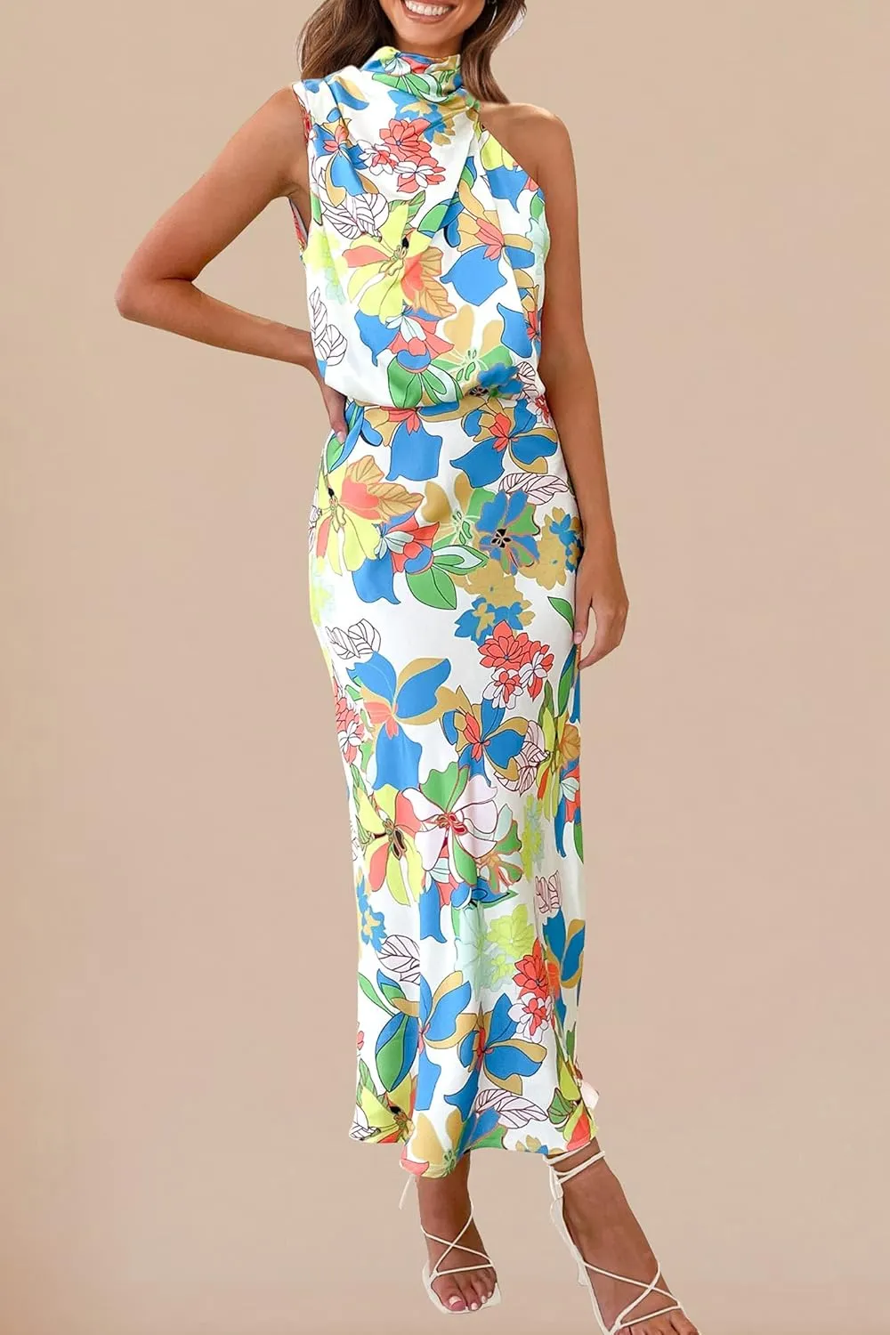 PRETTYGARDEN Women's 2025 Summer Satin Dress Elegant Sleeveless Mock Neck Cocktail Party Maxi Dresses