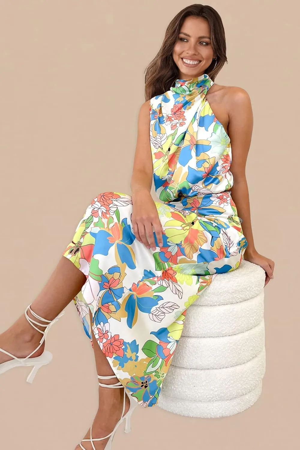 PRETTYGARDEN Women's 2025 Summer Satin Dress Elegant Sleeveless Mock Neck Cocktail Party Maxi Dresses