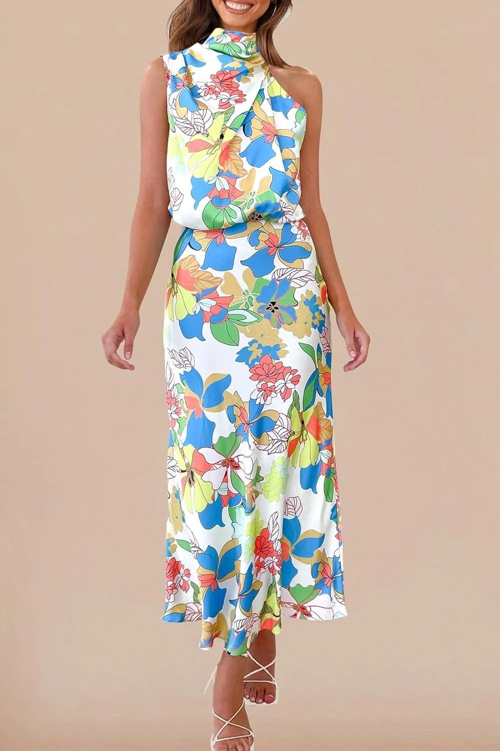 PRETTYGARDEN Women's 2025 Summer Satin Dress Elegant Sleeveless Mock Neck Cocktail Party Maxi Dresses