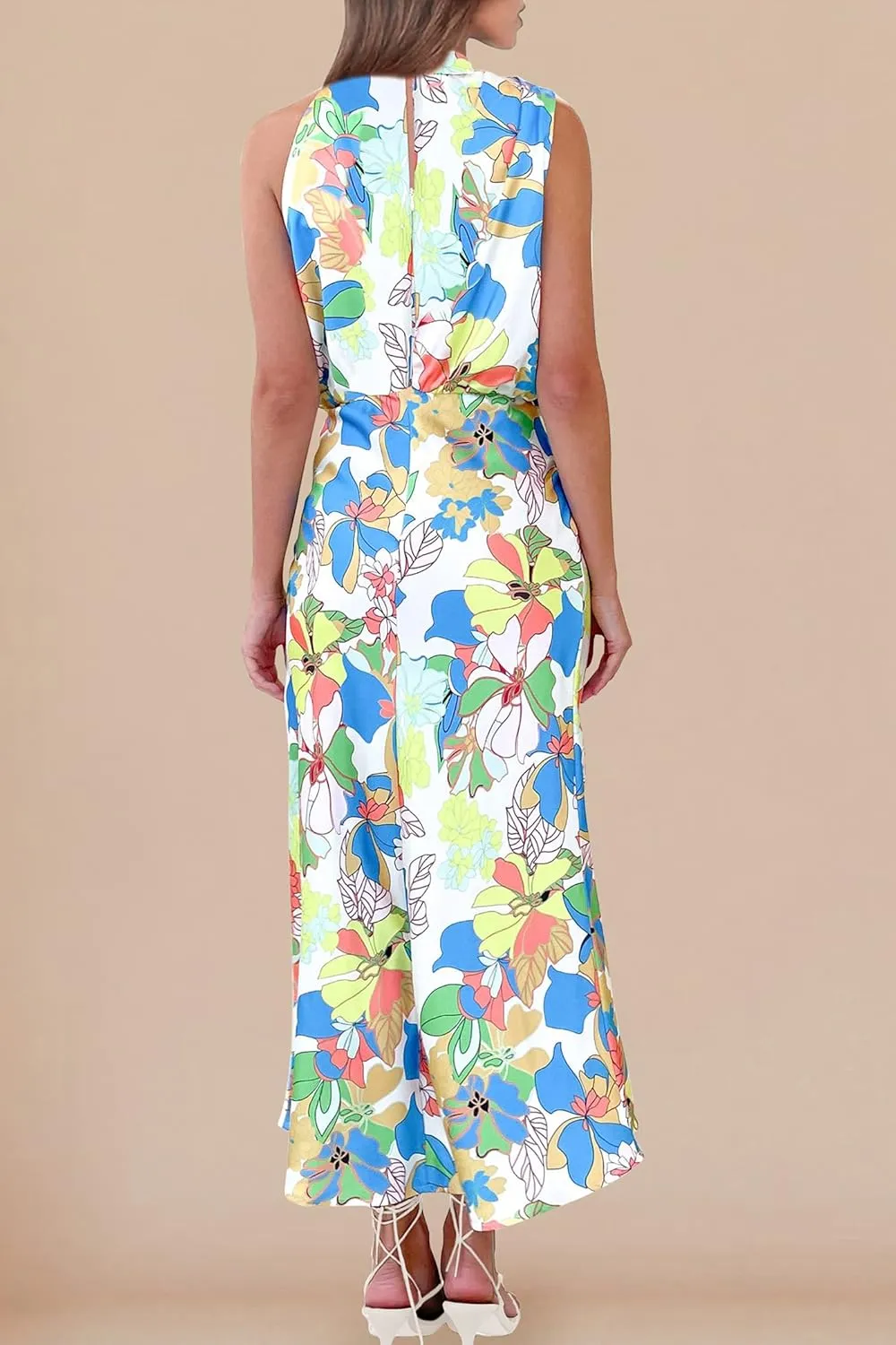 PRETTYGARDEN Women's 2025 Summer Satin Dress Elegant Sleeveless Mock Neck Cocktail Party Maxi Dresses