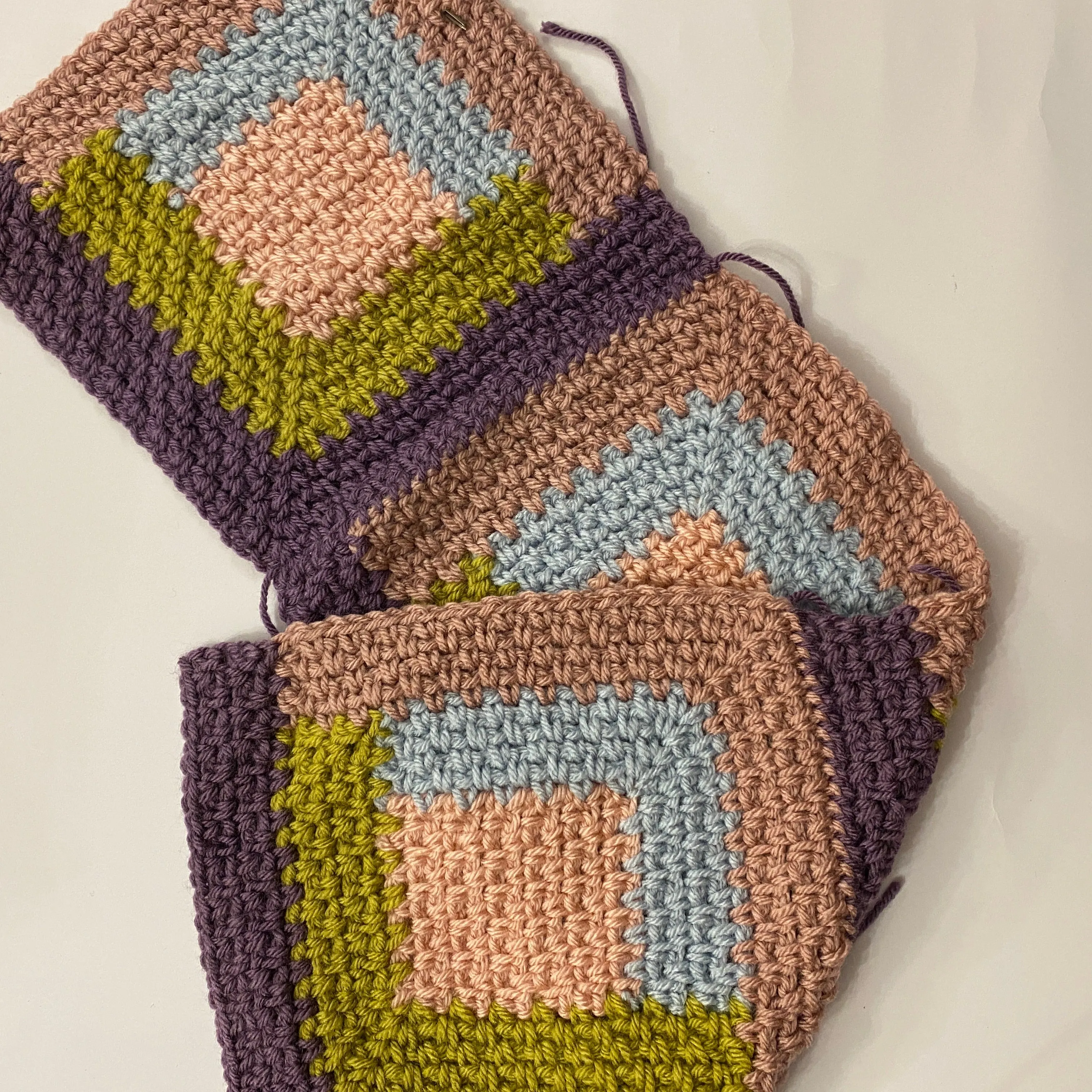 Purple, Blue, Pink & Green Crochet Squares: 13 9-Inch Squares   Yarn