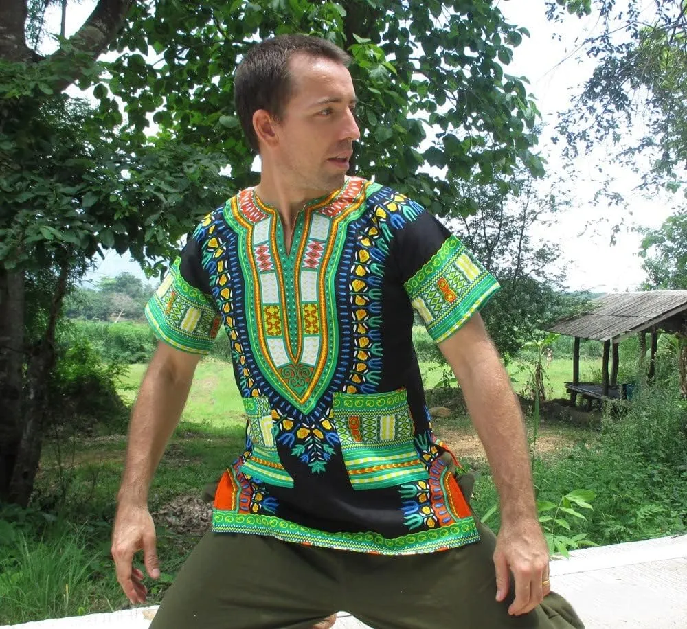 RaanPahMuang Brand Unisex Bright African Black Dashiki Cotton Shirt