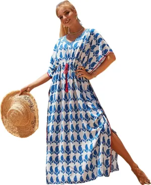 RanRui Kaftan Dresses for Women  Wave Neck Floral Plus Size Caftans Muumuu Dresses