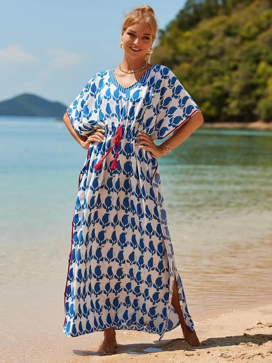 RanRui Kaftan Dresses for Women  Wave Neck Floral Plus Size Caftans Muumuu Dresses