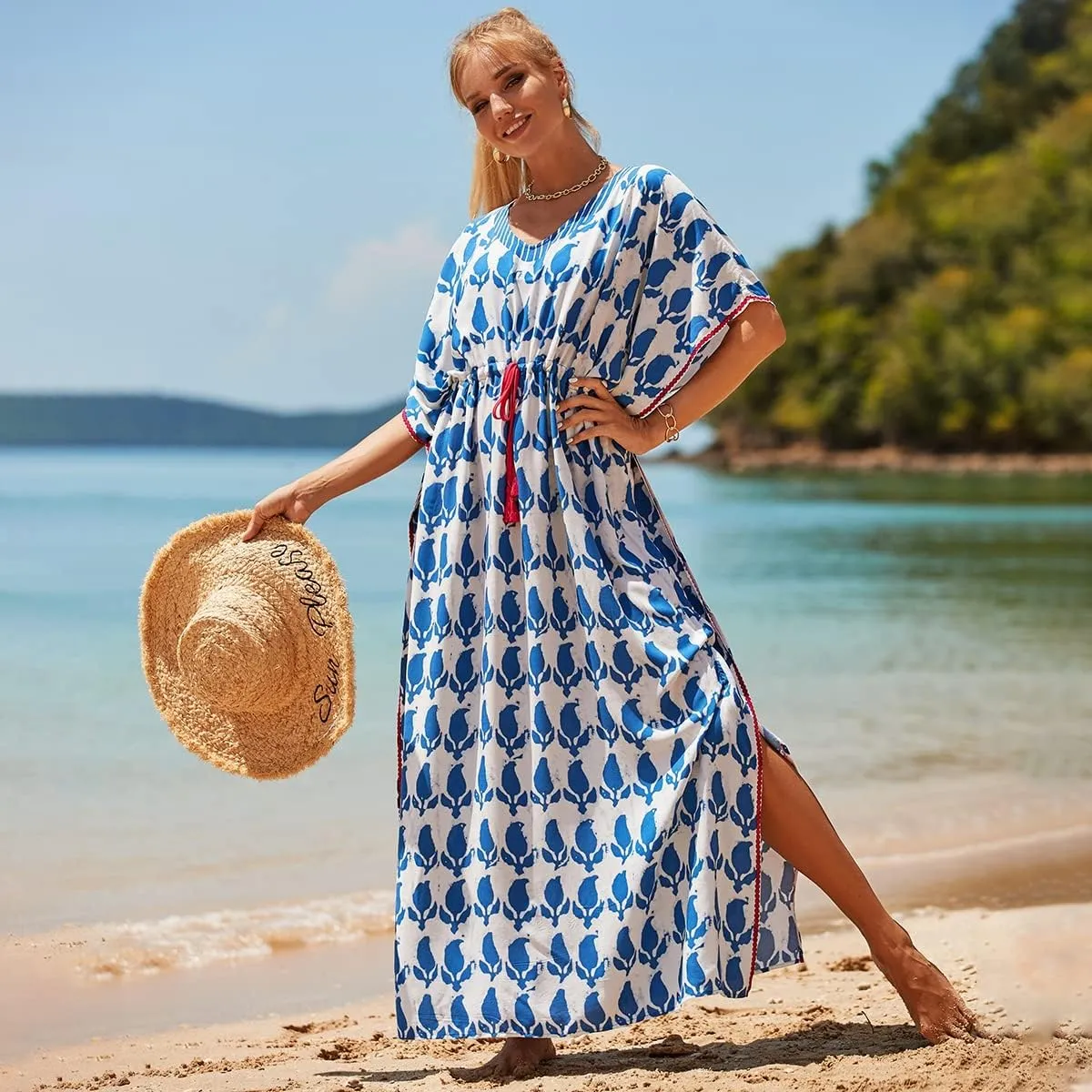 RanRui Kaftan Dresses for Women  Wave Neck Floral Plus Size Caftans Muumuu Dresses