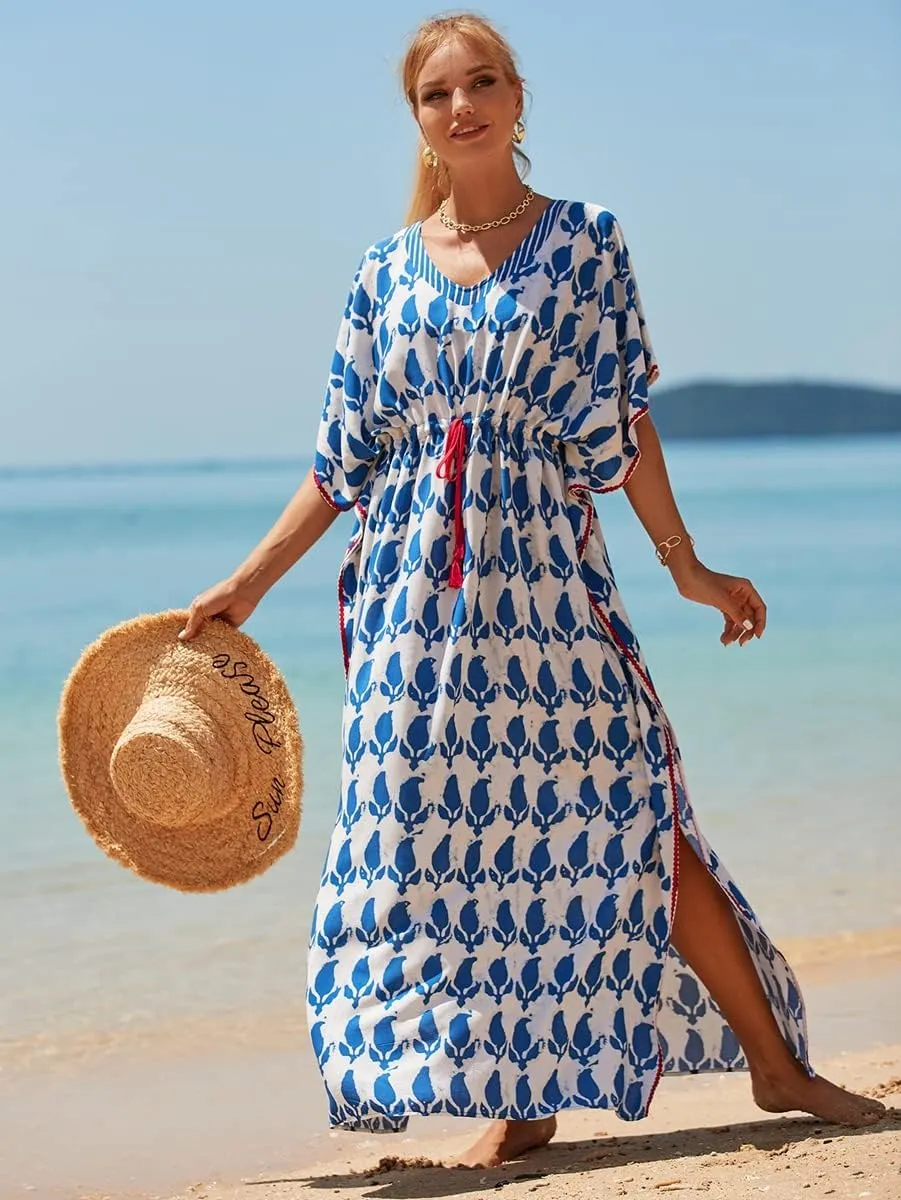 RanRui Kaftan Dresses for Women  Wave Neck Floral Plus Size Caftans Muumuu Dresses
