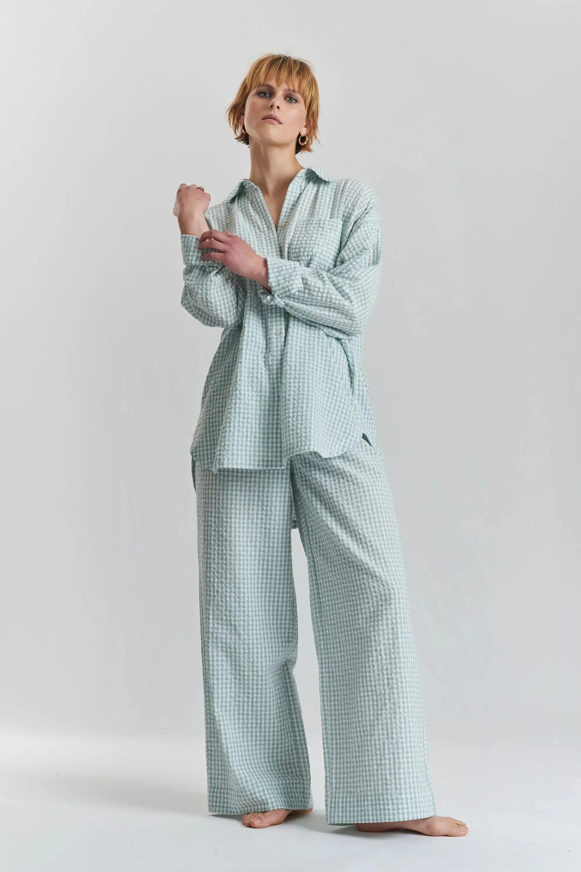 Robinia Ethical-Cotton Pyjama Wide-Leg Trousers - Fjordland Green