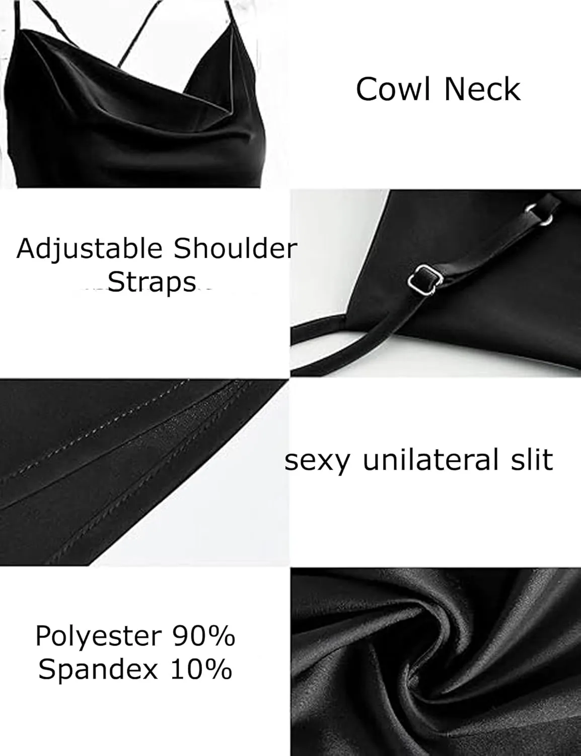 Satin Silk Nightgown Sleepwear Cowl Neck Sleeveless Strappy Cami Split Slit Party Midi Dress (WS403-P)