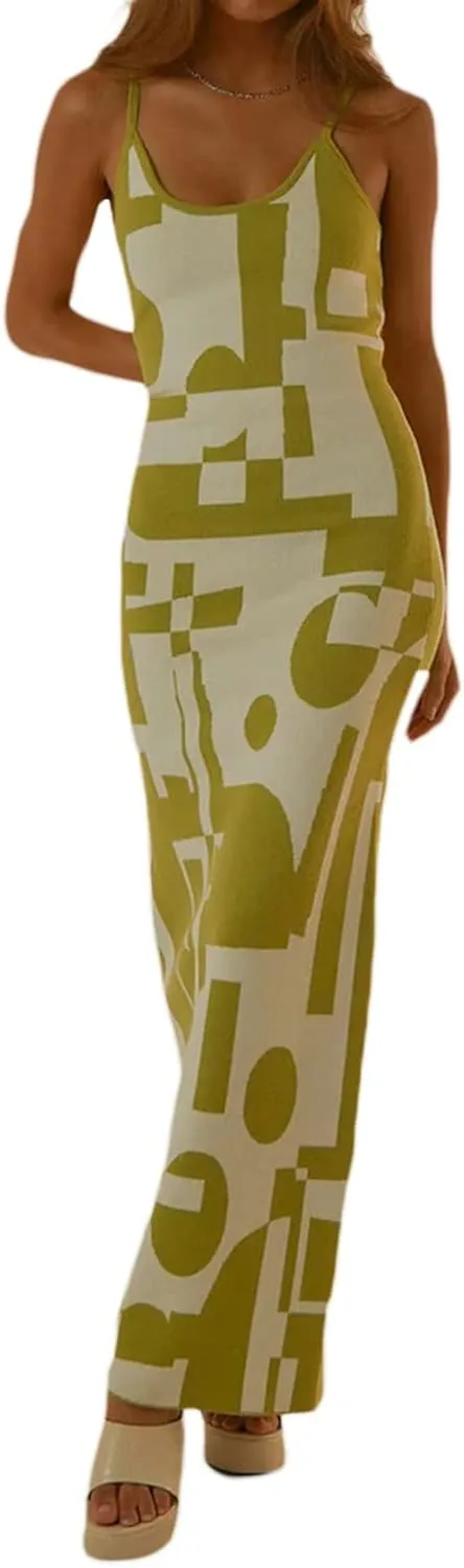 Sexy Knit Bodycon Dress for Women Sleeveless Spaghetti Strap Cut Out Maxi Dress Backless Y2K Summer Beach Dresses