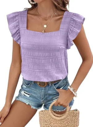 Summer Tops for Women Tops Purple Square Neck Textured Frill Sleeve Blouses Stylish Loose Fit Trendy Cute Shirts Concert Tank Top L