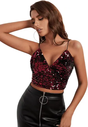 SweatyRocks Women's Spaghetti Strap V Neck Cami Top Sequins Zip Back Crop Tops