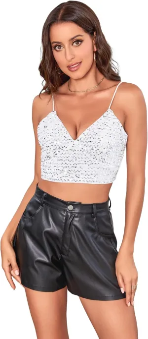 SweatyRocks Women's Spaghetti Strap V Neck Cami Top Sequins Zip Back Crop Tops