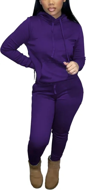 Two Piece Outfits For Women Casual Long Sleeve Hoodie Sweatshirts Jogger Sweatpants Tracksuit Sweatsuit Lounge Sets-Dark Purple-L