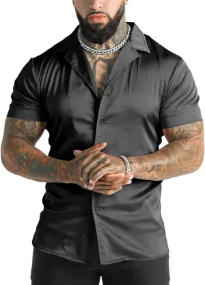 URRU Men's Luxury Shiny Silk Like Satin Dress Shirt Cuban Collar Short Sleeve Casual Slim Fit Muscle Button Up Shirts