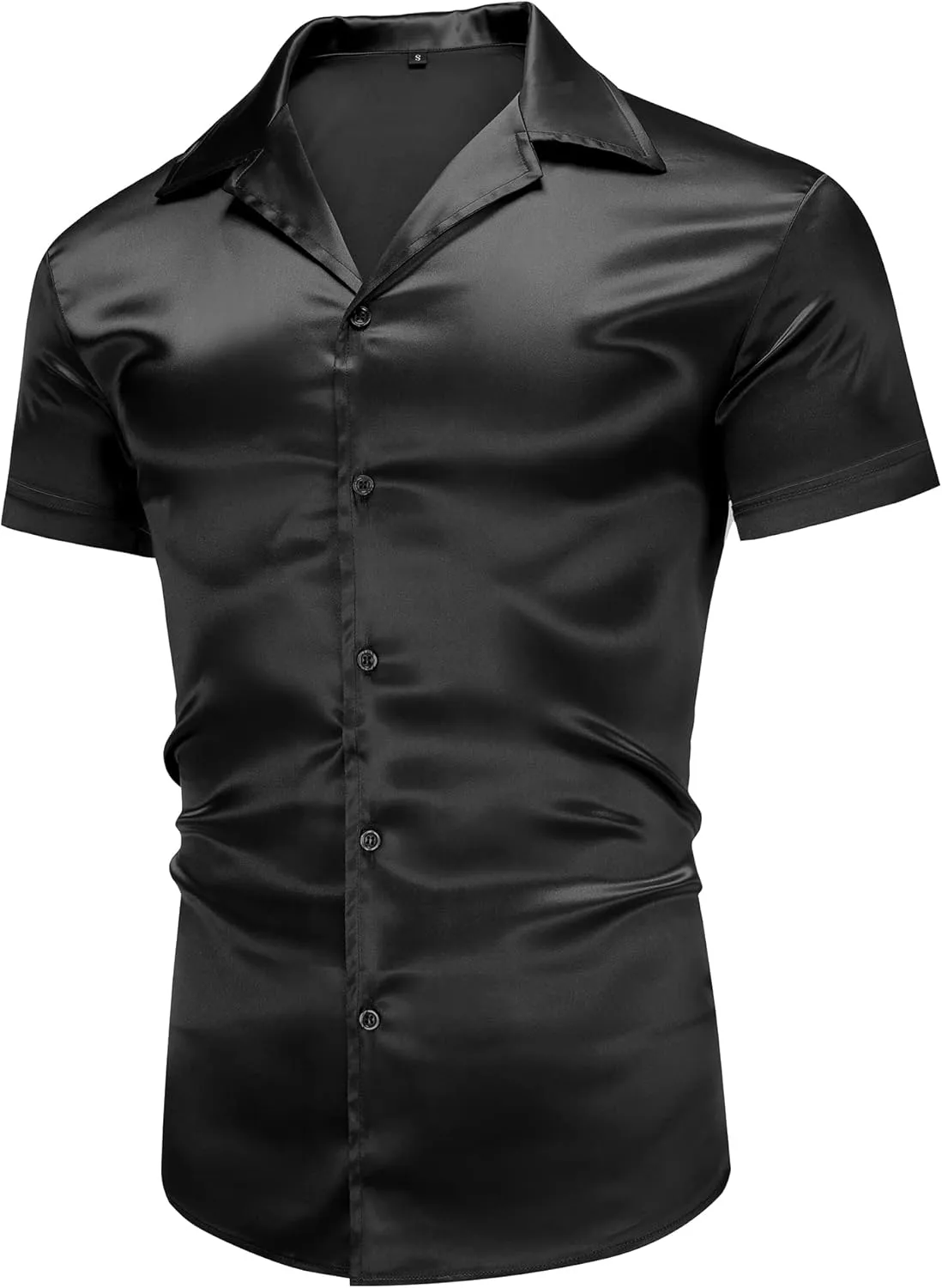 URRU Men's Luxury Shiny Silk Like Satin Dress Shirt Cuban Collar Short Sleeve Casual Slim Fit Muscle Button Up Shirts