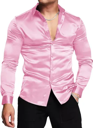 URRU Men's Luxury Shiny Silk Like Satin Dress Shirt Long Sleeve Casual Slim Fit Muscle Button Up Shirts
