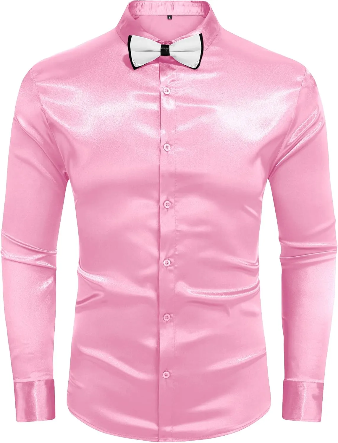 URRU Men's Luxury Shiny Silk Like Satin Dress Shirt Long Sleeve Casual Slim Fit Muscle Button Up Shirts