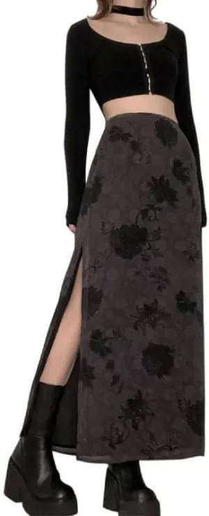Vintage Grunge Fairycore Midi Skirts Printed Split Long Skirts A Line Mid-Calf Skirt Harajuku Fall Winter Retro Clothing
