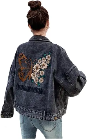 WINSUNNY Embroidered Letter Denim Jacket Flower Woman Cotton Outwear Turn Down Collar Button Female Girl School Jeans