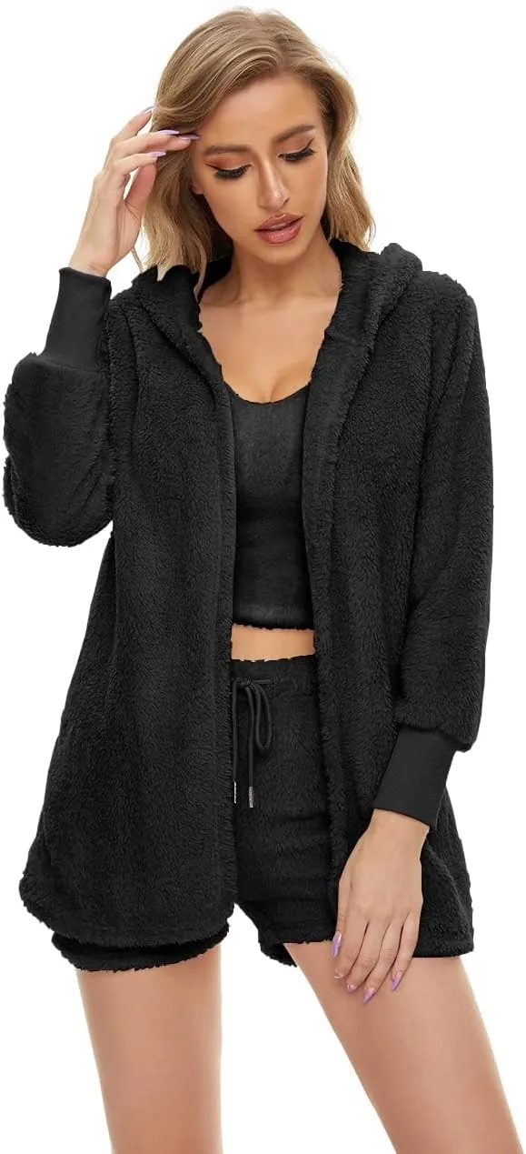 Women Fuzzy 3 Piece Outfit Pajamas, Hooded Cardigan Outwear Sleeveless Crop Tops Shorts Nightwear Set (S-3XL)