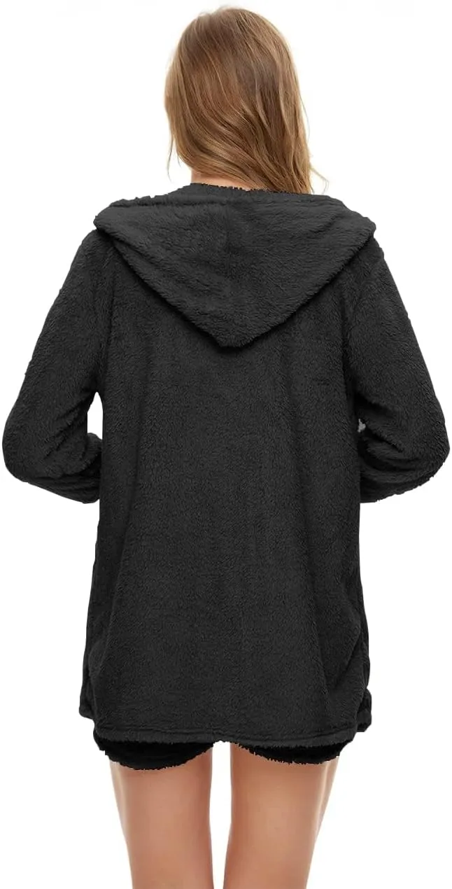 Women Fuzzy 3 Piece Outfit Pajamas, Hooded Cardigan Outwear Sleeveless Crop Tops Shorts Nightwear Set (S-3XL)