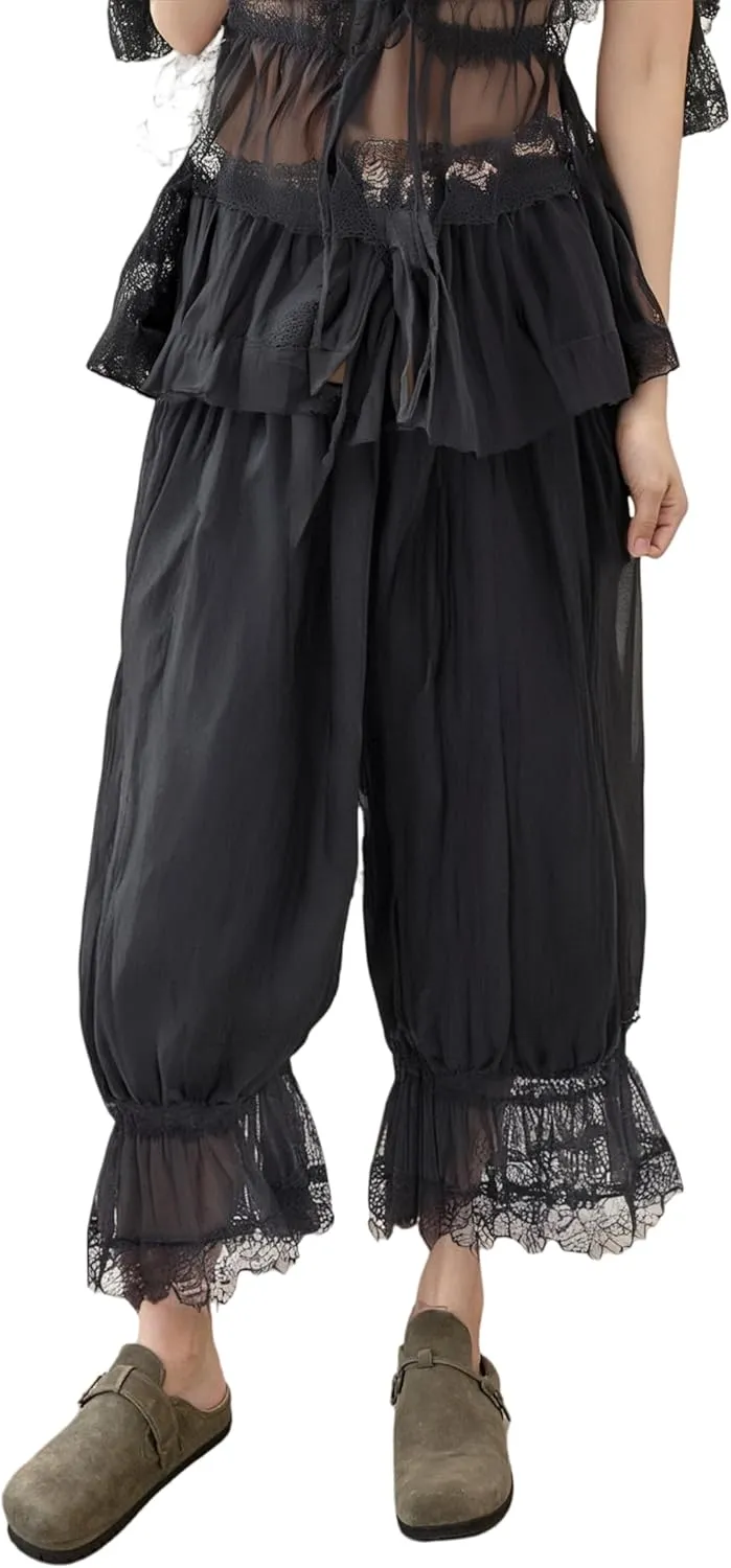 Women Lace Long Bloomers Pants Elastic Waist Y2k Ruffle Pettipants Slip Cute Pantaloons Pumpkin Pants