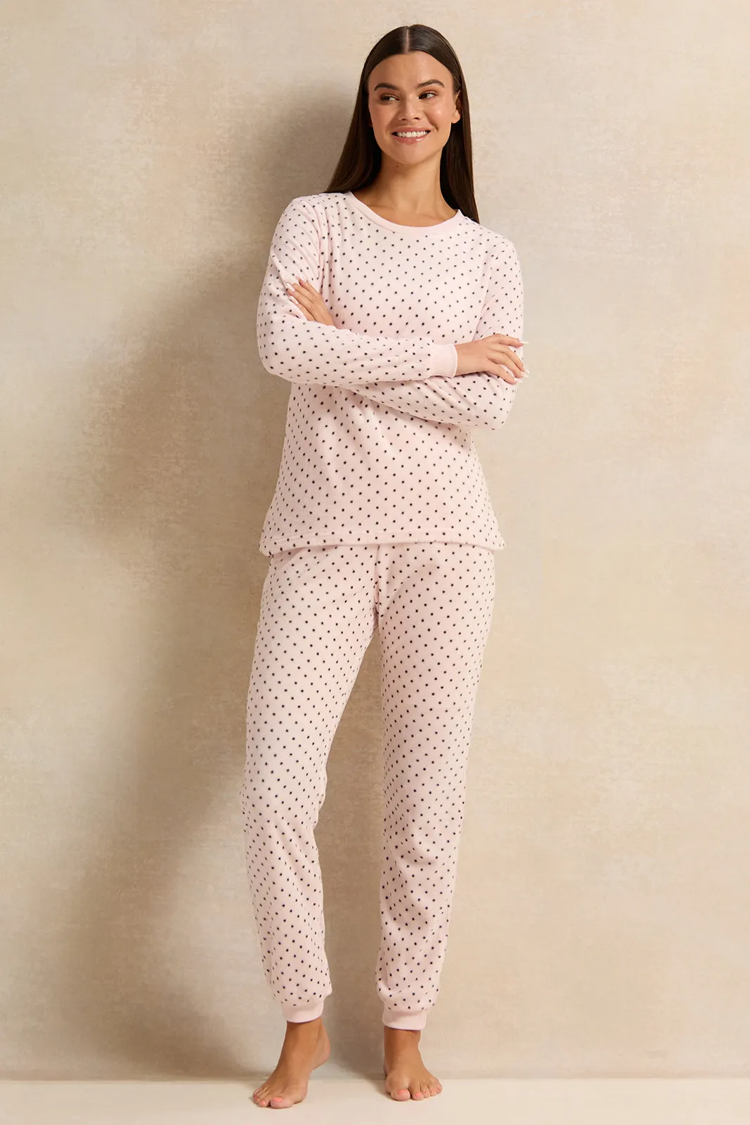 Women Pink Dotted Pajama Set (2 Piece)
