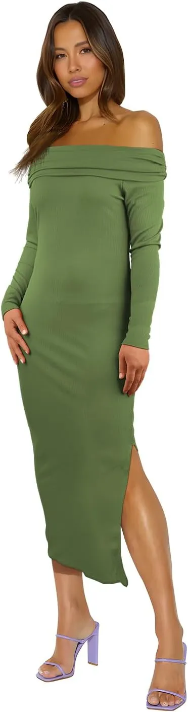 Women Sexy Bodycon Dress Off Shoulder Short Sleeve Elegant Ribbed Knit Midi Cocktail Dresses