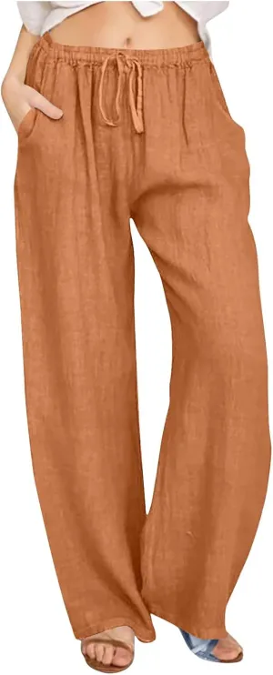 Women's Casual Cotton Linen Pants Solid Drawstring Waist Long Pants Loose Comfy Lightweight Trousers with Pockets