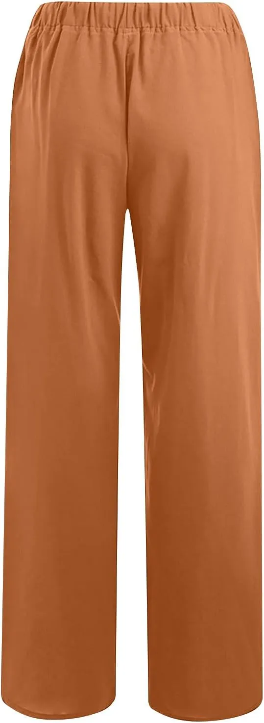 Women's Casual Cotton Linen Pants Solid Drawstring Waist Long Pants Loose Comfy Lightweight Trousers with Pockets