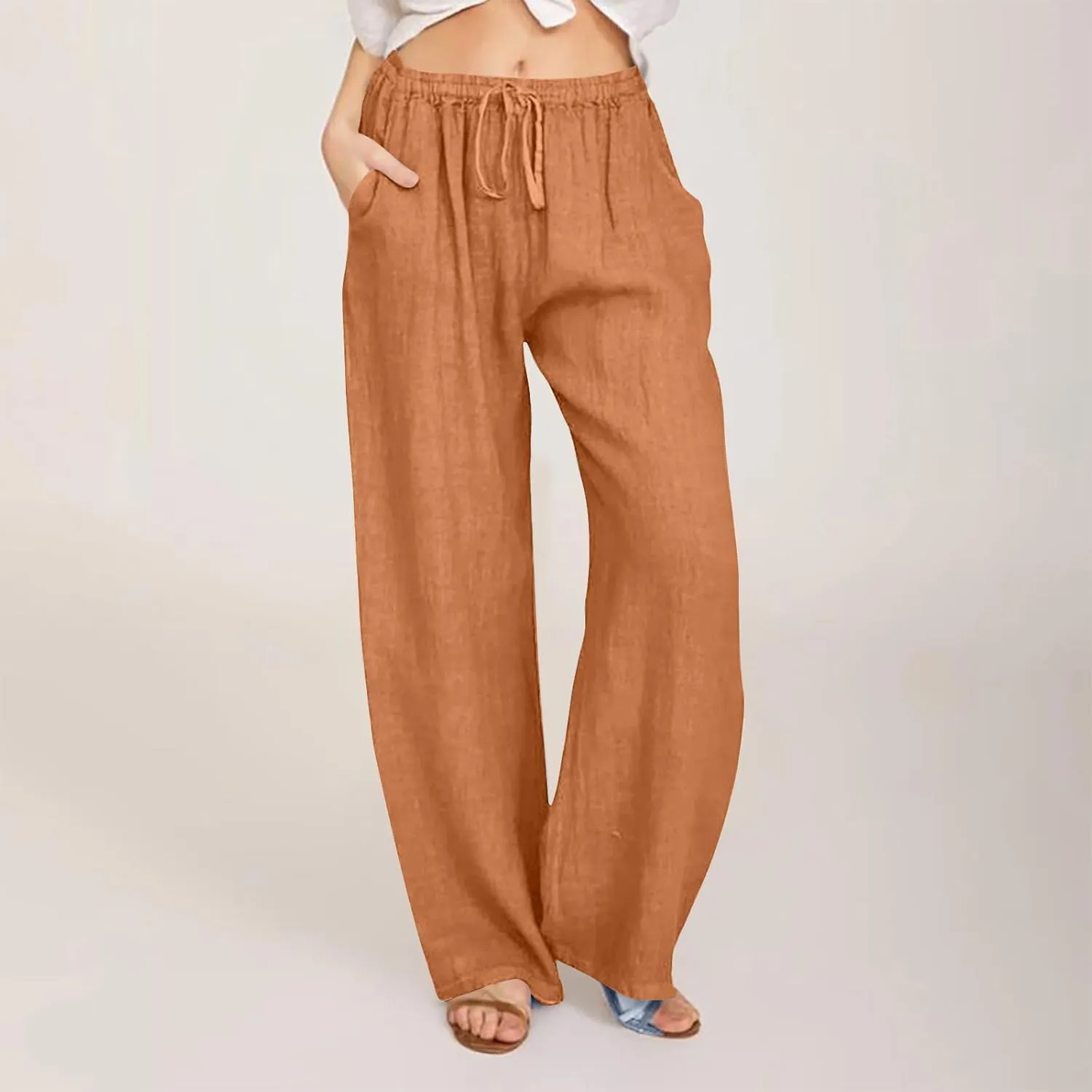 Women's Casual Cotton Linen Pants Solid Drawstring Waist Long Pants Loose Comfy Lightweight Trousers with Pockets
