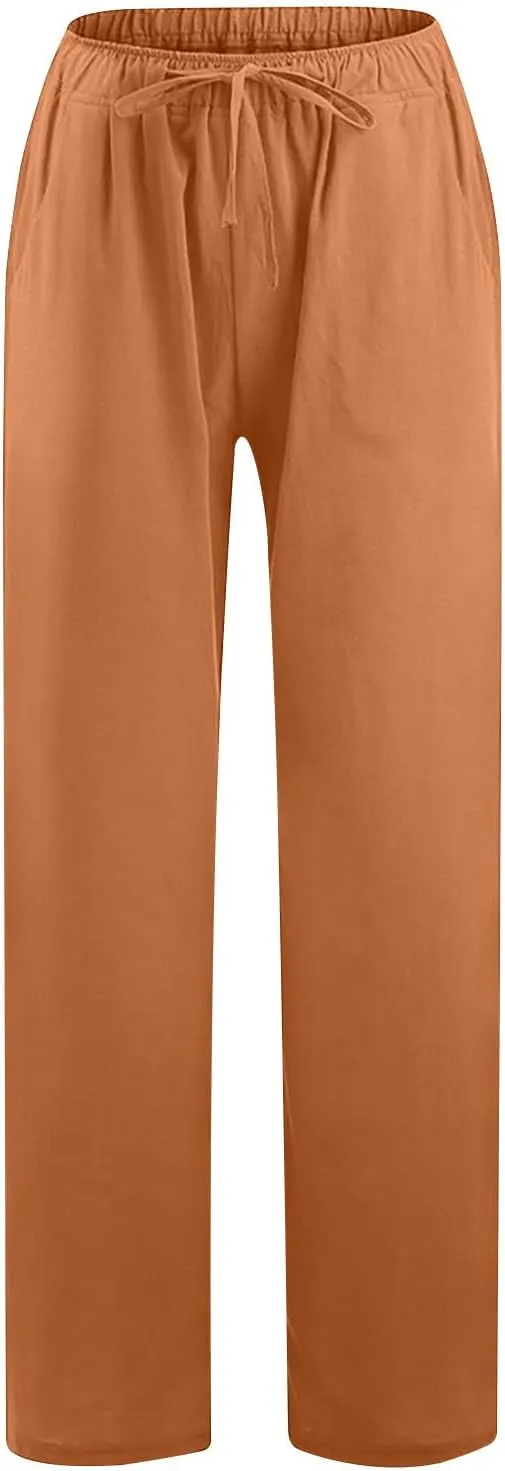 Women's Casual Cotton Linen Pants Solid Drawstring Waist Long Pants Loose Comfy Lightweight Trousers with Pockets
