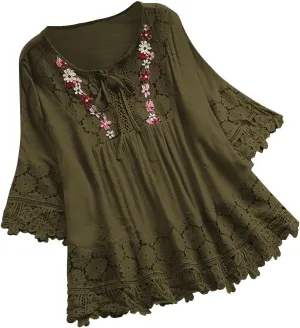 Women's Linen Embroidered Tops Loose Fit Flowy Lace Tunic 3/4 Sleeve Summer Cotton Blouse Shirts Boho Trendy Clothes