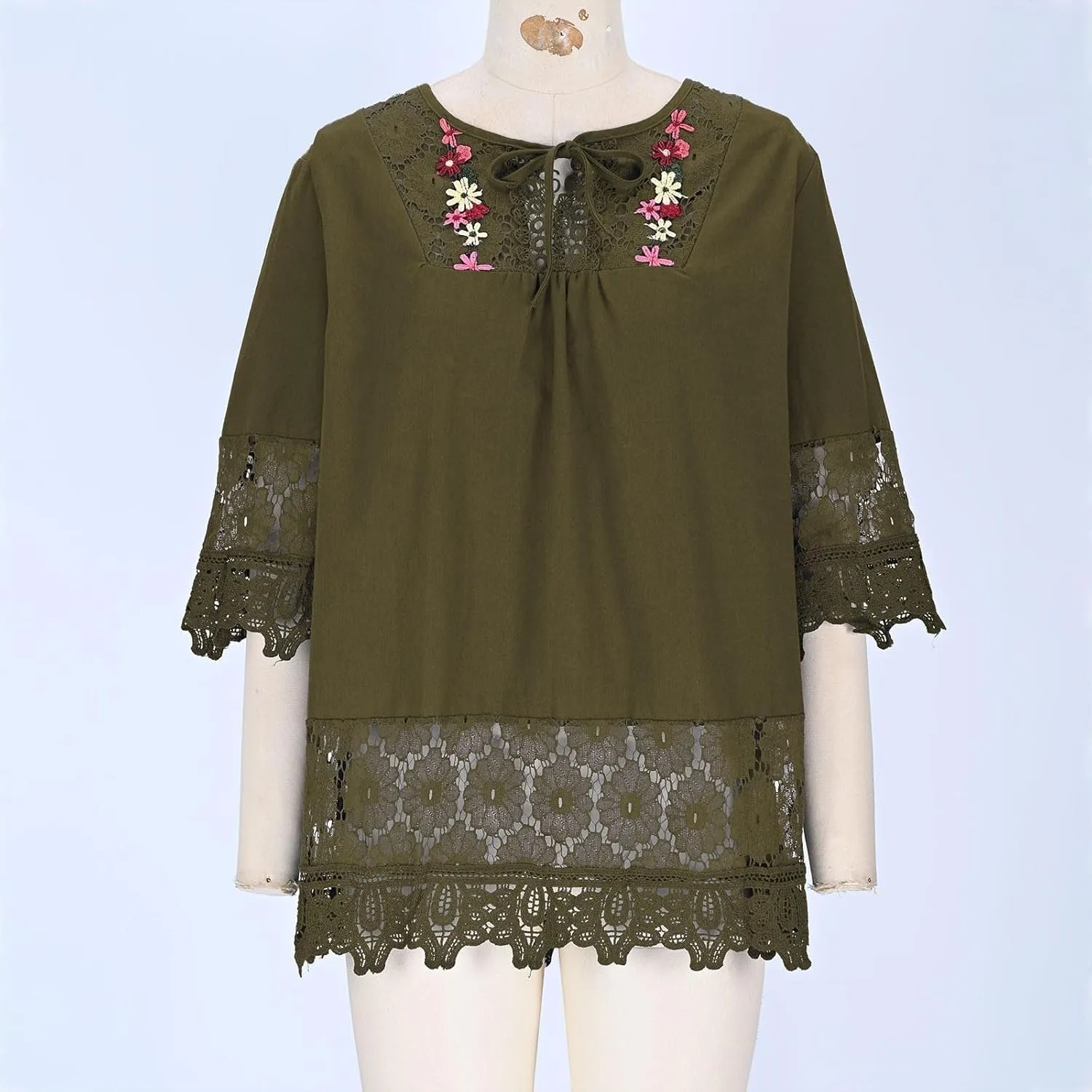 Women's Linen Embroidered Tops Loose Fit Flowy Lace Tunic 3/4 Sleeve Summer Cotton Blouse Shirts Boho Trendy Clothes