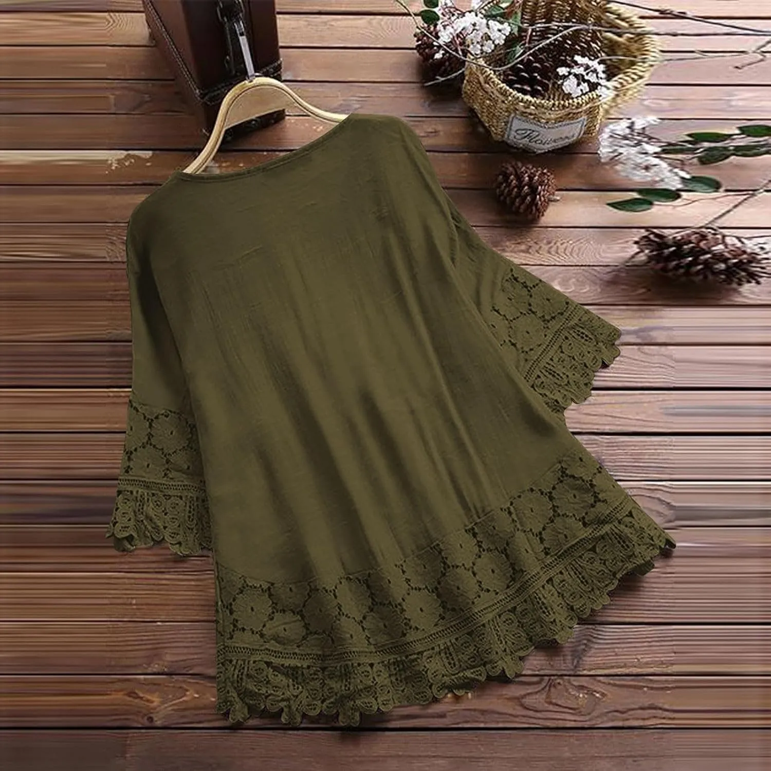 Women's Linen Embroidered Tops Loose Fit Flowy Lace Tunic 3/4 Sleeve Summer Cotton Blouse Shirts Boho Trendy Clothes
