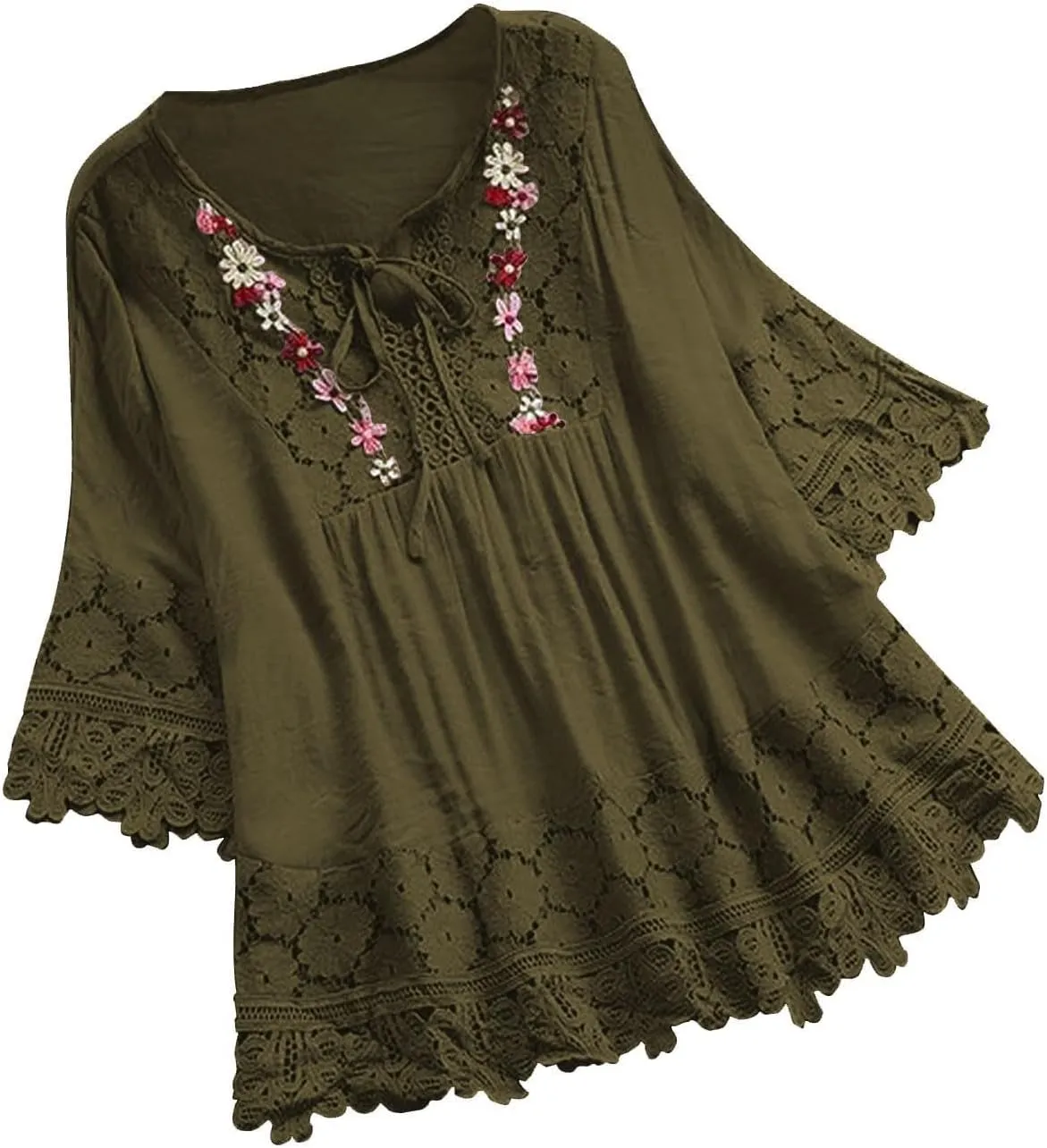 Women's Linen Embroidered Tops Loose Fit Flowy Lace Tunic 3/4 Sleeve Summer Cotton Blouse Shirts Boho Trendy Clothes