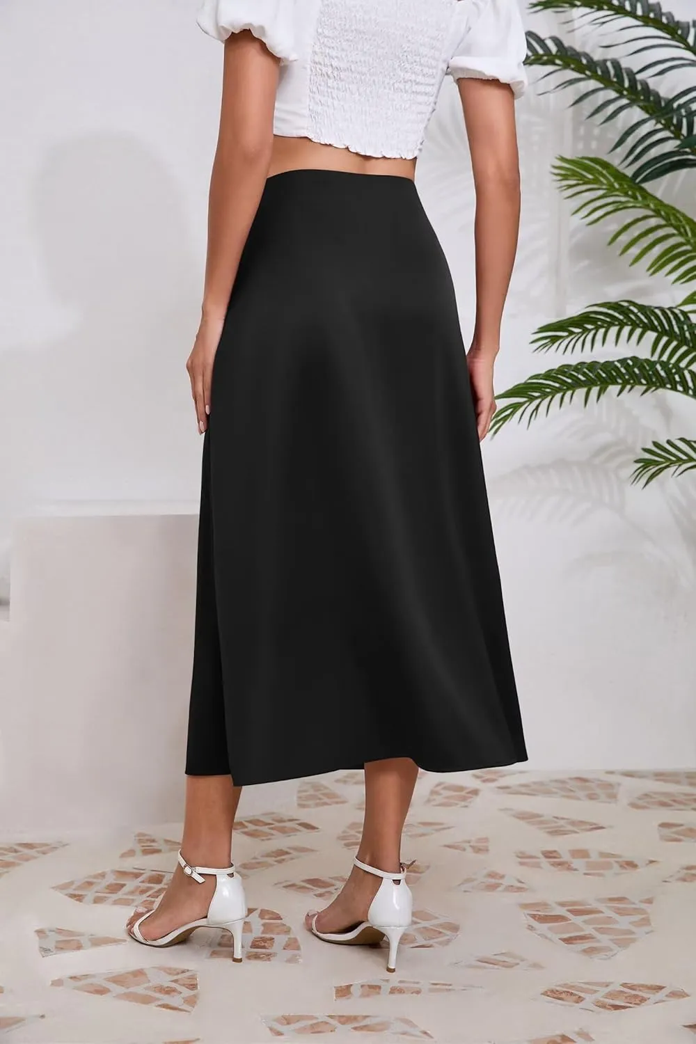 Women's Long Satin Spring Summer Skirt Silk Glossy Elegant High Waist Elastic Waistband A-line Midi Skirt