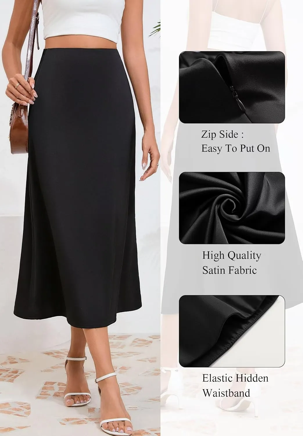Women's Long Satin Spring Summer Skirt Silk Glossy Elegant High Waist Elastic Waistband A-line Midi Skirt
