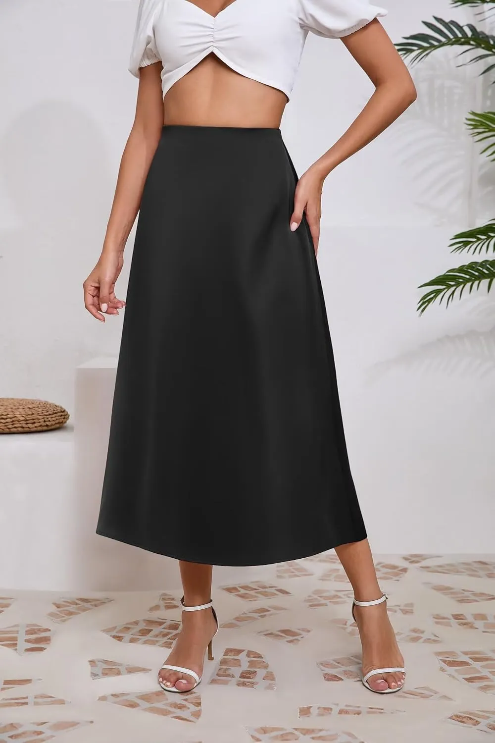 Women's Long Satin Spring Summer Skirt Silk Glossy Elegant High Waist Elastic Waistband A-line Midi Skirt