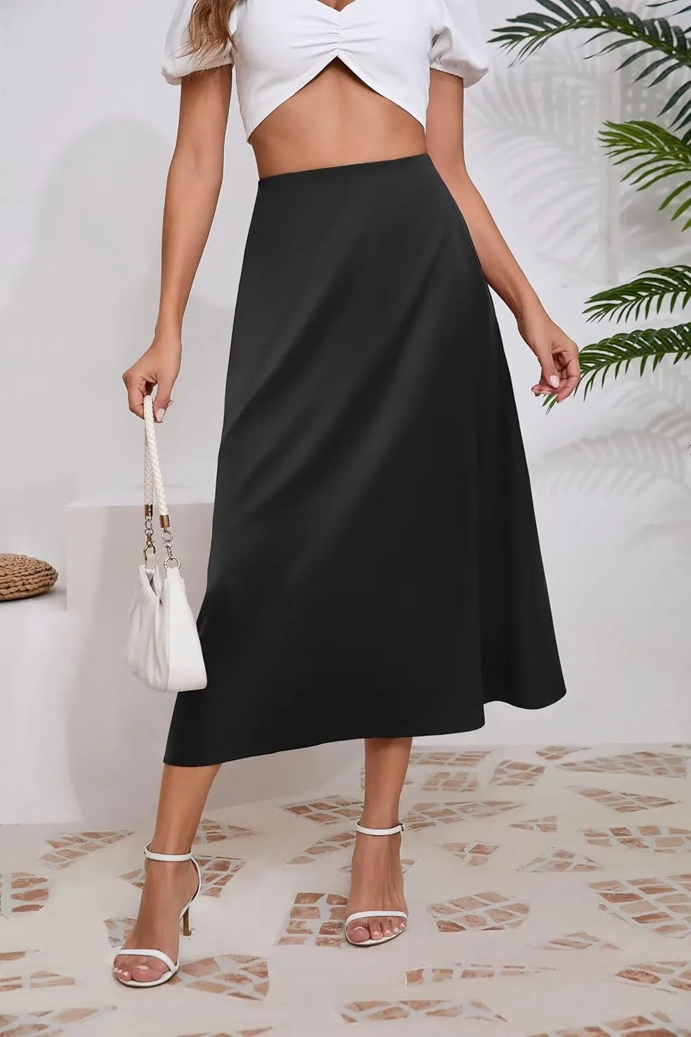 Women's Long Satin Spring Summer Skirt Silk Glossy Elegant High Waist Elastic Waistband A-line Midi Skirt