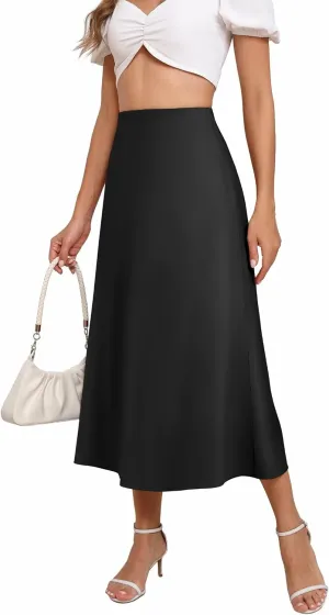 Women's Long Satin Spring Summer Skirt Silk Glossy Elegant High Waist Elastic Waistband A-line Midi Skirt