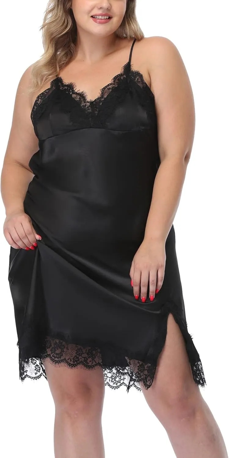 Women's Plus Size Satin Slip Nightgown Lace Chemise Lingeries Sexy Slit Negligees Sleepwear Bridal Lingerie