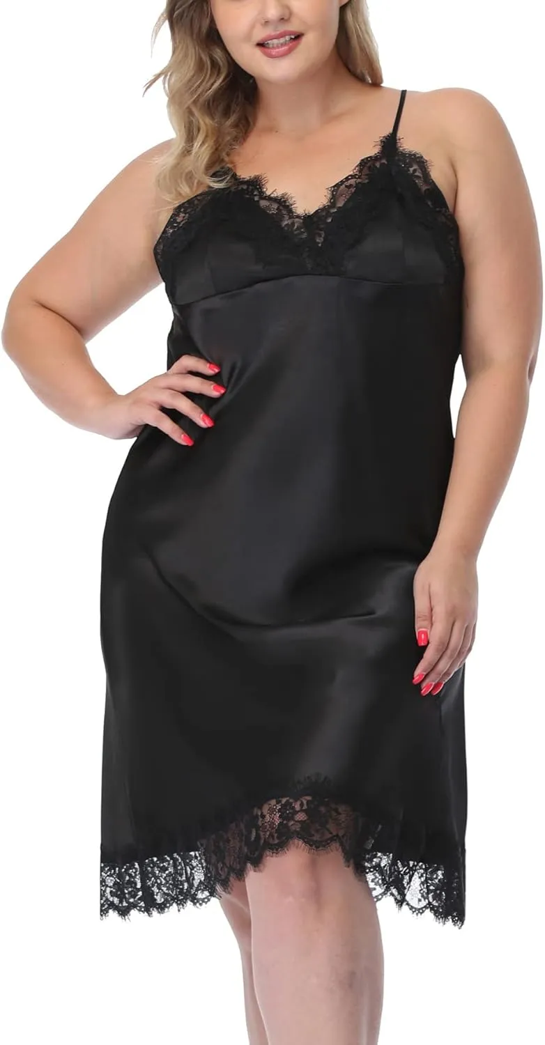Women's Plus Size Satin Slip Nightgown Lace Chemise Lingeries Sexy Slit Negligees Sleepwear Bridal Lingerie