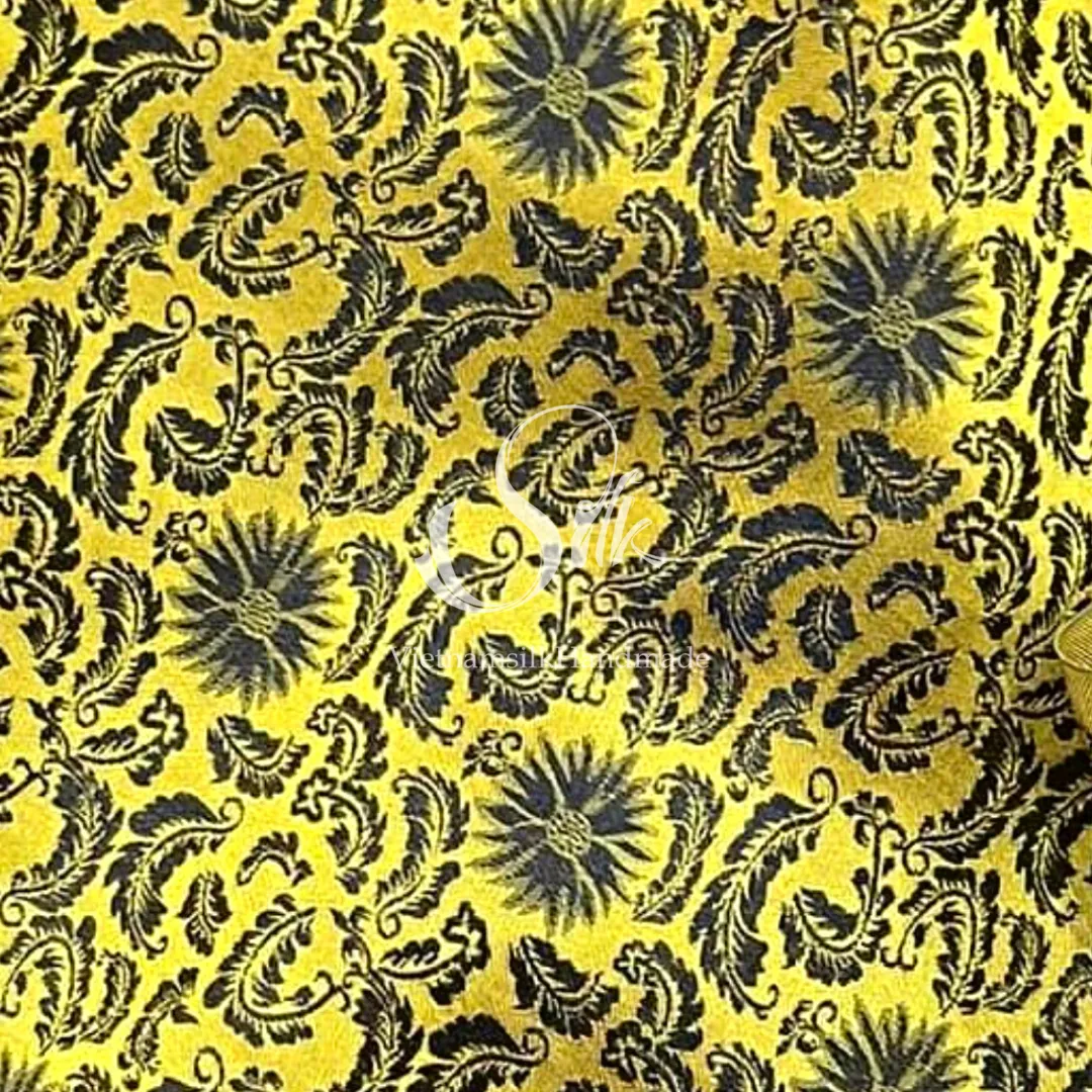 Yellow Silk with Black Flowers - PURE MULBERRY SILK fabric by the yard -  Floral Silk -Luxury Silk - Natural silk - Handmade in VietNam