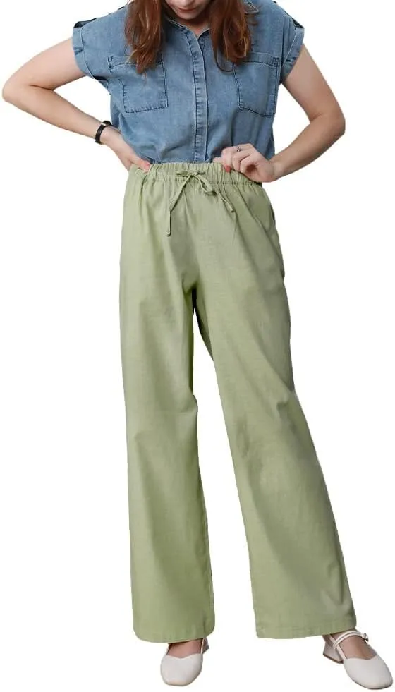 yoeasy Women Cotton Linen Drawstring Wide Leg Pants High Waisted Casual Loose Trousers with Pockets