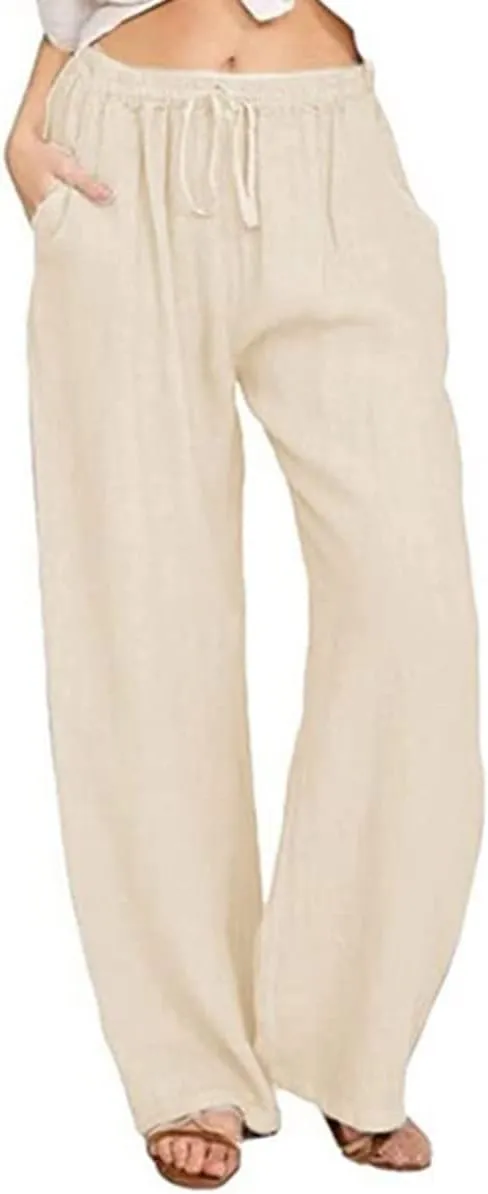 yoeasy Women Cotton Linen Drawstring Wide Leg Pants High Waisted Casual Loose Trousers with Pockets