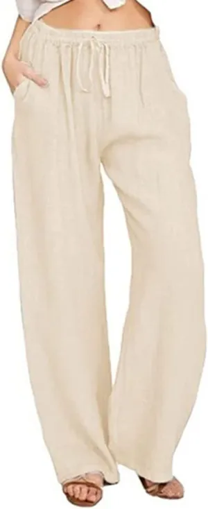 yoeasy Women Cotton Linen Drawstring Wide Leg Pants High Waisted Casual Loose Trousers with Pockets